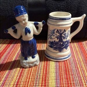 Blue and White Delft Style Dutch Boy and miniature stein Set, very old pieces.